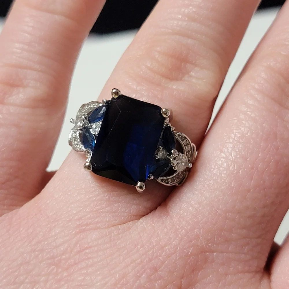 Simulated Sapphire Silver Tone Cocktail Ring Angel Wings and Marquise Stones